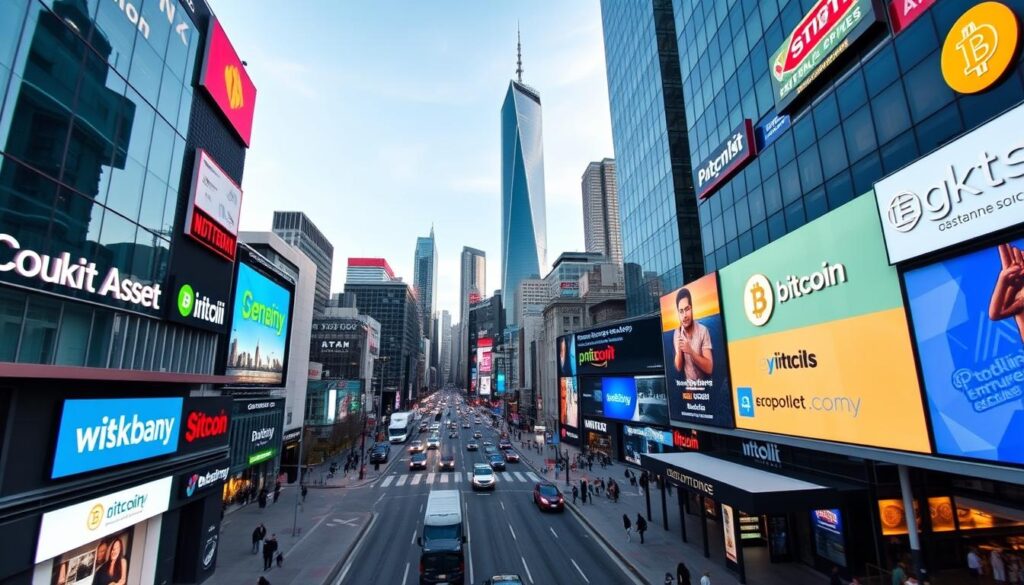 A bustling cityscape of popular digital asset exchanges, captured through the lens of a wide-angle camera. In the foreground, sleek, modern buildings adorned with neon signage and digital displays showcase the names of well-known cryptocurrency platforms. The middle ground features a thriving street scene, with pedestrians navigating the sidewalks and vehicles navigating the busy roads. In the background, a skyline of towering skyscrapers, their glass facades reflecting the vibrant energy of the financial hub. The scene is illuminated by a mix of natural and artificial lighting, creating a dynamic and immersive atmosphere that captures the essence of the cryptocurrency industry.