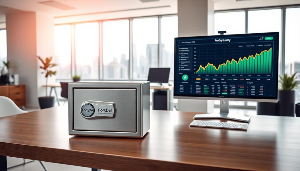 A clean, well-lit modern office setting with an open floor plan and bright natural lighting. In the foreground, a sturdy metal safe with the FortyDeal logo sits prominently on a sleek wooden desk, representing a secure emergency fund. The middle ground showcases a balanced investment portfolio displayed on a large computer monitor, exemplifying smart investing. The background features floor-to-ceiling windows overlooking a bustling city skyline, conveying financial stability and growth. The overall mood is one of professional success, financial security, and a sense of control over one's financial future.