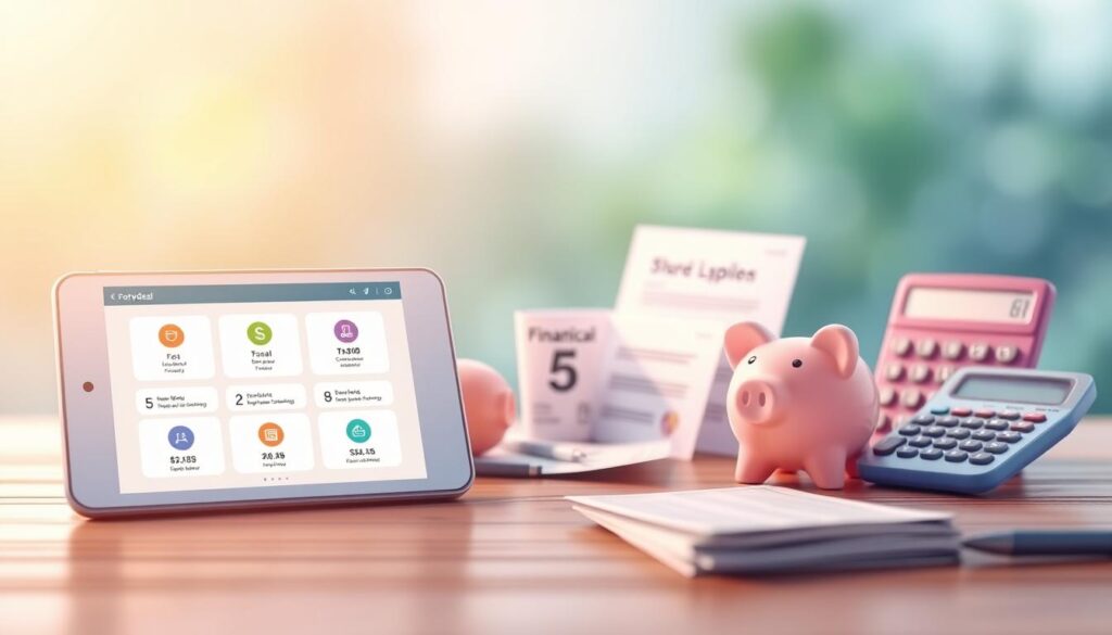 A digital illustration depicting a variety of financial tools and resources for savings and goal-setting. In the foreground, a clean and minimalist design showcases a tablet or smartphone screen displaying the FortyDeal app, with neatly arranged icons representing budgeting, investment tracking, and goal-setting features. The middle ground features various financial documents, a piggy bank, and a calculator, all bathed in soft, warm lighting. The background is a blurred, calming gradient of blues and greens, evoking a sense of financial stability and growth. The overall mood is one of organization, clarity, and a commitment to personal financial management.