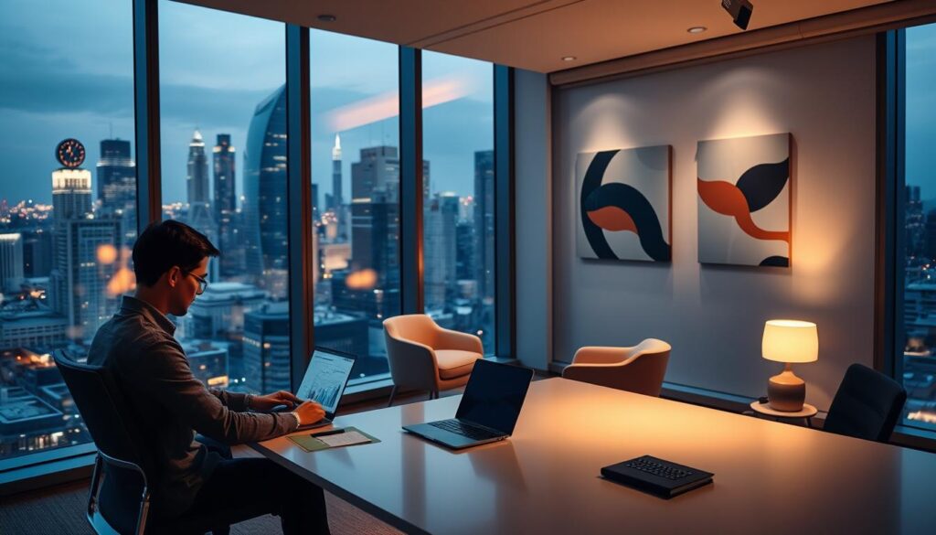 A modern office interior with large windows overlooking a bustling city skyline. In the foreground, a person sits at a sleek, minimalist desk, intently focused on a laptop screen. The desk is adorned with a few carefully placed office supplies, conveying efficiency and organization. In the middle ground, a cozy seating area with plush chairs and a low table, suggesting the blending of work and relaxation. The background features stylized abstract art on the walls, complemented by warm, directional lighting that casts a soft glow throughout the space. The overall atmosphere is one of professionalism, productivity, and the adaptability of modern finance careers in a remote work environment.