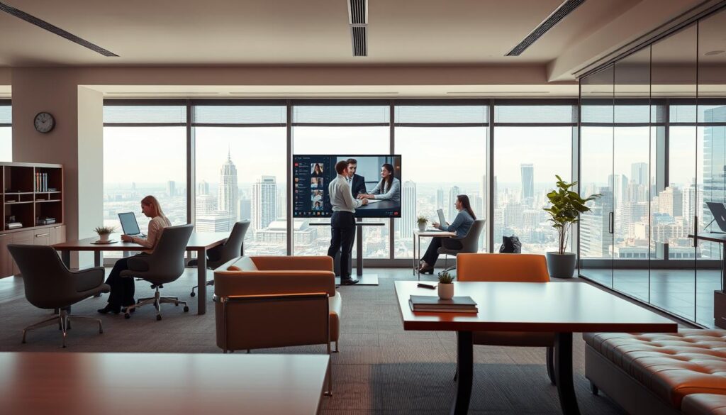 A modern office workspace with sleek, minimalist furniture and warm, natural lighting. In the foreground, a person working on a laptop, representing the flexibility of virtual work. In the middle ground, colleagues collaborating via video call, demonstrating the connectivity enabled by remote work. In the background, a panoramic window overlooking a vibrant cityscape, symbolizing the work-life balance and productivity benefits of virtual employment. The atmosphere is calm, professional, and forward-thinking, showcasing the advantages of embracing the virtual work paradigm.