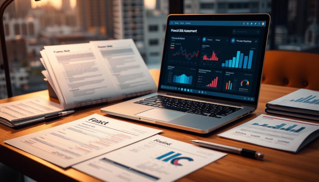 A neatly organized desk with various finance-related documents, a laptop, and a pen. The documents include balance sheets, financial statements, and analytical charts. The laptop screen displays a financial skills assessment dashboard with interactive graphs and progress metrics. A warm, focused lighting illuminates the workspace, creating a professional yet contemplative atmosphere. The background features a blurred cityscape, hinting at the broader context of remote finance work. The overall scene conveys a sense of assessment, organization, and career development.