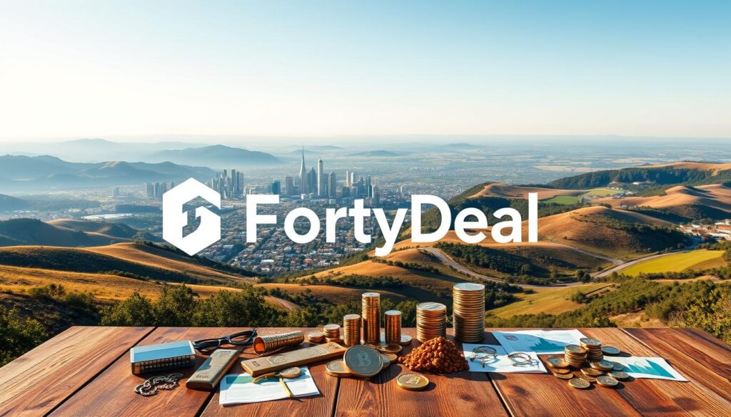 A panoramic view of an investment landscape, featuring a FortyDeal logo amidst rolling hills and a cloudless sky. In the foreground, a variety of financial instruments like stocks, bonds, and precious metals are displayed on a wooden table, illuminated by warm, natural lighting. The middle ground showcases a bustling cityscape with skyscrapers and financial institutions, while the background depicts a tranquil countryside with winding roads and a distant horizon. The overall atmosphere conveys a sense of balance, stability, and the interconnectedness of different investment opportunities.