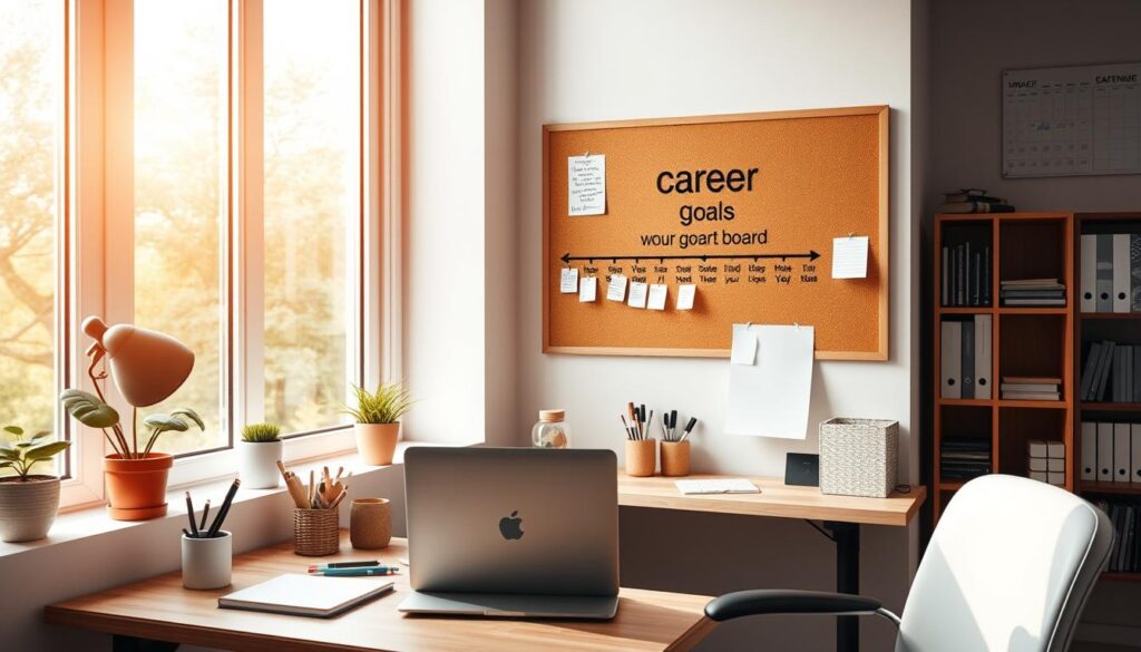 A serene home office with a FortyDeal desk, laptop, and stationery supplies, bathed in warm, natural lighting from a large window. A cork board on the wall displays career goals, a timeline, and notes. A potted plant and a framed inspirational quote add a touch of personal flair. In the background, a bookshelf and a wall calendar suggest a thoughtful, organized approach to professional development.