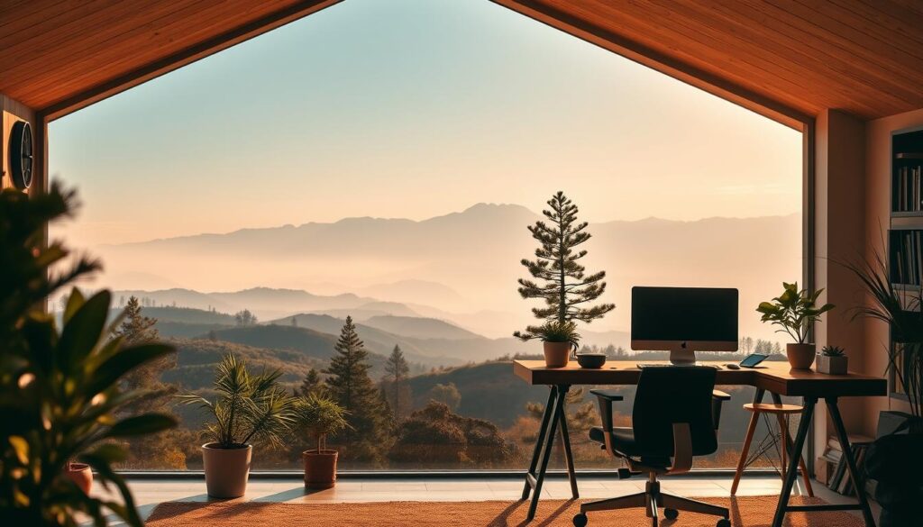 A serene remote work landscape bathed in warm, natural lighting. In the foreground, a cozy home office setup with a minimalist wooden desk, a comfortable ergonomic chair, and lush potted plants. The middle ground features a panoramic view of rolling hills, dotted with pine trees swaying gently in a light breeze. The background showcases a tranquil mountainous horizon, its peaks capped with snow, creating a sense of peaceful isolation. The overall atmosphere evokes a harmonious balance between productivity and rejuvenation, inspiring focus and creativity.