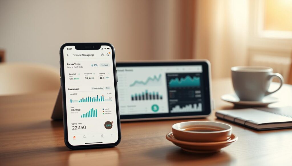 A sleek and modern finance management tool, rendered in a warm, minimalist style. In the foreground, a smartphone displays a clean, intuitive dashboard of personal finance data - spending trends, investment portfolios, and budgeting tools. The middle ground features a tablet-like device, its screen showcasing a detailed, interactive visualization of financial insights. In the background, a softly lit workspace with a laptop, notebook, and a cup of coffee, evoking a sense of efficiency and control over one's financial future. The composition is balanced, the lighting natural and inviting, and the overall atmosphere conveys a feeling of empowerment and digital financial mastery.