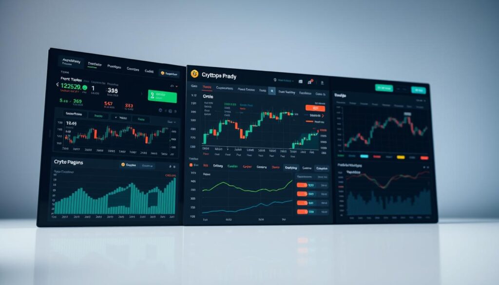 A sleek, modern crypto trading platform interface with a clean, minimalist design. In the foreground, a series of interactive charts, graphs, and data visualizations displaying real-time cryptocurrency prices, trading volumes, and market trends. In the middle ground, an intuitive user dashboard with customizable settings, portfolio management tools, and order placement options. In the background, a subtle gradient backdrop suggesting a sense of technological sophistication and digital innovation. The lighting is crisp and bright, with a soft, diffused glow to create a professional, polished aesthetic. The camera angle is slightly elevated, providing an immersive, user-centric perspective.