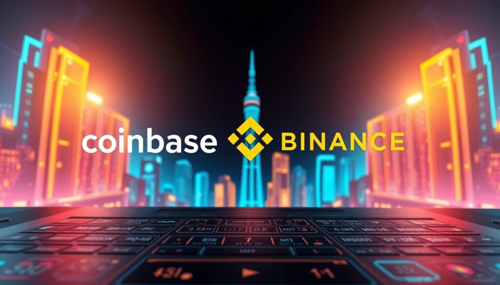 A sleek, modern cryptocurrency exchange interface dominates the foreground, with clean lines, intuitive layouts, and glowing digital elements. In the middle ground, two iconic exchange logos - Coinbase and Binance - stand prominently, representing the leading platforms in the crypto trading landscape. The background features a stylized cityscape, neon-lit skyscrapers, and a vibrant, futuristic atmosphere, evoking the dynamic and ever-evolving nature of the digital asset ecosystem. Warm, soft lighting casts an inviting glow over the scene, creating a sense of accessibility and user-friendliness. The overall composition conveys the notion of a comprehensive introduction to the top crypto exchanges, blending technical details with a visually striking and captivating design.