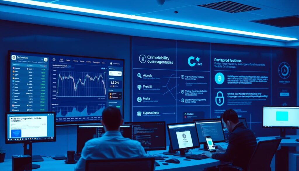 A sleek, modern cryptocurrency exchange with a clean, minimalist interface. The foreground features a large monitor displaying a dashboard with real-time market data, trading charts, and user account information. In the middle ground, users are interacting with the platform via desktop computers and mobile devices, conveying a sense of activity and engagement. The background showcases the exchange's security measures, such as 2-factor authentication prompts and encrypted data transmission protocols. The overall scene is bathed in a cool, blue-tinted lighting, creating a professional and trustworthy atmosphere for evaluating reputable crypto exchanges.