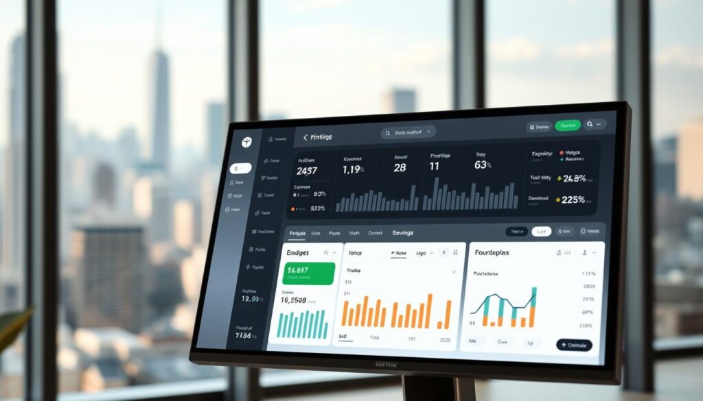 A sleek, modern personal finance software interface displayed on a high-resolution digital screen. The foreground features a clean, minimalist design with intuitive controls and interactive visualizations of budgets, expenses, and savings. The middle ground showcases a dashboard displaying financial insights and analysis tools, allowing the user to gain a comprehensive understanding of their financial situation. The background presents a serene, blurred cityscape, conveying a sense of calm and control. The lighting is soft and natural, creating a professional and approachable atmosphere. The entire scene is captured with a wide-angle lens, emphasizing the software's comprehensive capabilities in managing personal finances.