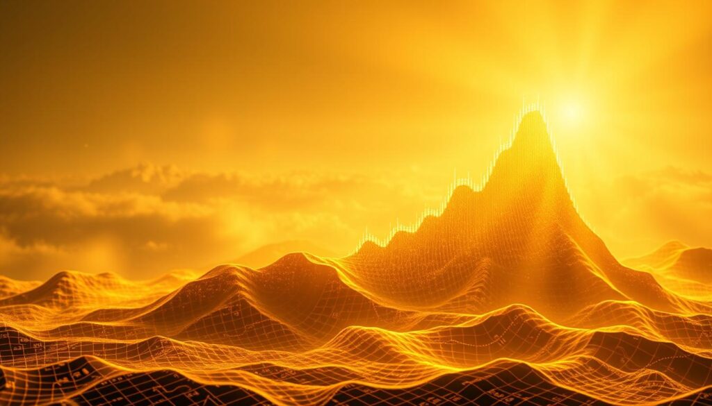 A sprawling financial landscape, illuminated by the golden glow of compound investment growth. In the foreground, a majestic graph depicting exponential gains, its curves rising like a towering skyline. Surrounding it, a tapestry of intricate financial data and charts, each element contributing to the overall picture of wealth accumulation. The background is a soft, hazy blur, suggesting the vast potential of long-term investing, with subtle rays of light piercing through, symbolizing the power of patience and discipline. The composition is balanced, with a sense of depth and dimensionality, inviting the viewer to immerse themselves in the transformative journey of financial growth.