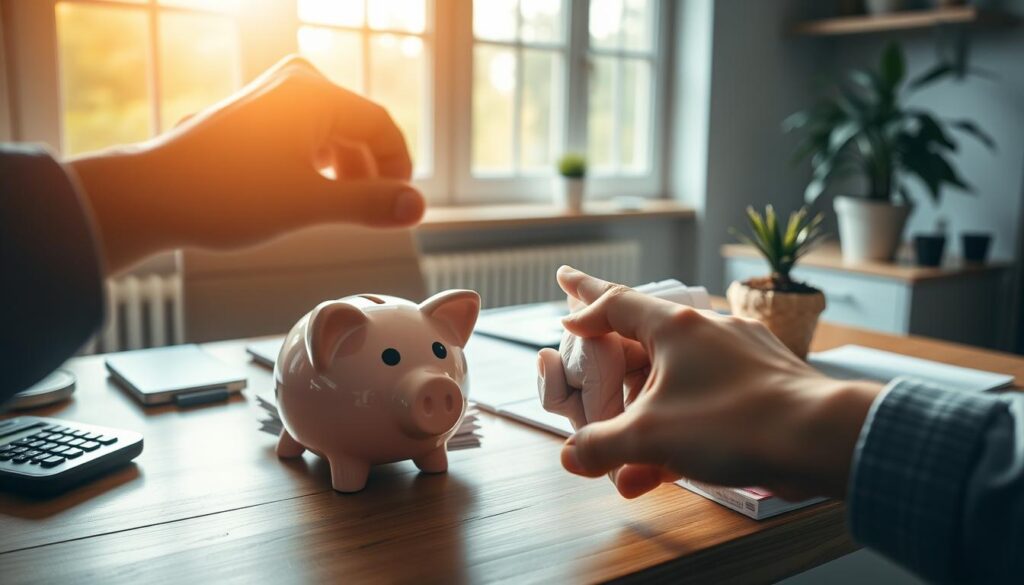 A tranquil home office, illuminated by warm natural light filtering through large windows. On the desk, an old-fashioned piggy bank sits alongside a stack of bills, a calculator, and a potted plant - symbols of the financial challenges one faces. In the foreground, a hand reaches out, poised to break open the piggy bank, representing the struggle to save. The background is blurred, creating a sense of focus on the central scene. The overall atmosphere conveys a thoughtful, determined mood as the subject navigates the "FortyDeal" saving challenges.