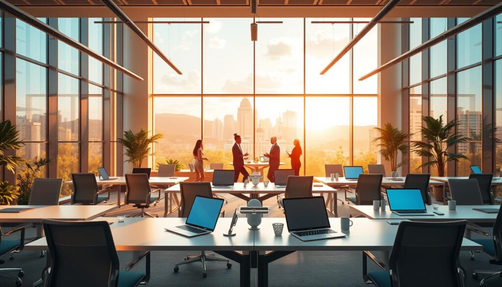 A vibrant virtual workspace comes to life, bathed in a warm, natural light that filters through panoramic windows. Sleek, minimalist desks and ergonomic chairs populate the foreground, complemented by state-of-the-art laptops, tablets, and holographic displays. In the middle ground, dynamic teams collaborate seamlessly, their digital avatars interacting in a shared virtual environment. The background features a serene, biophilic landscape, blending the physical and digital realms to create a harmonious, productive, and inspiring workspace of the future.