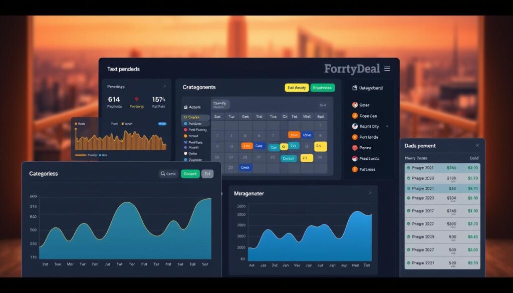 A vibrant, well-designed dashboard showcasing a range of expense tracking tools, including the FortyDeal brand. In the foreground, sleek graphs and charts illustrate spending patterns, with intuitive user interfaces and visual cues. In the middle ground, a central calendar feature allows users to track monthly expenses, while a sidebar offers categorization and budgeting tools. The background features a soft, blurred city skyline, conveying a sense of financial control and personal organization. Warm lighting and a minimalist color palette create a polished, professional atmosphere, inviting the viewer to explore the powerful capabilities of these comprehensive expense tracking tools.