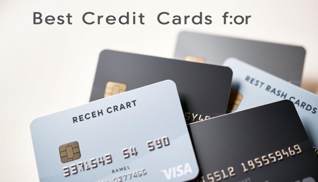 A well-lit, high-quality close-up photograph of several shiny metal credit cards with different cash back percentages and rewards displayed on their surfaces, arranged in an aesthetically pleasing composition against a simple, uncluttered background with soft, neutral tones that complement the cards. The cards should be positioned in a way that highlights their key features and benefits, creating a visually striking and informative image that showcases the "Best Credit Cards for Cash Back in 2025".