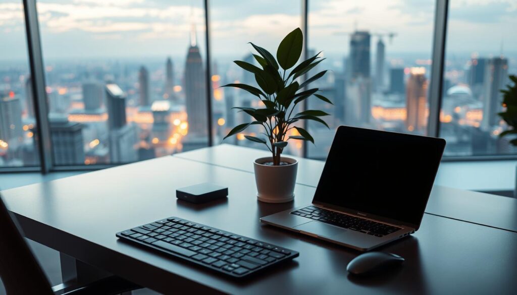 A workspace of the future, a dynamic evolution of remote work. In the foreground, a sleek, minimalist desk with a laptop, wireless keyboard, and a potted plant - symbols of productivity and balance. The middle ground features a panoramic window, revealing a cityscape with towering skyscrapers and a vibrant urban landscape, suggesting the global reach and interconnectedness of remote work. The background is softly lit, with a warm, ambient glow, creating a serene and focused atmosphere. Subtle hues of blues and grays complement the clean, modern aesthetic, evoking a sense of professionalism and innovation. The entire scene conveys the idea of a harmonious blend of technology, nature, and the evolving nature of work in the remote era.