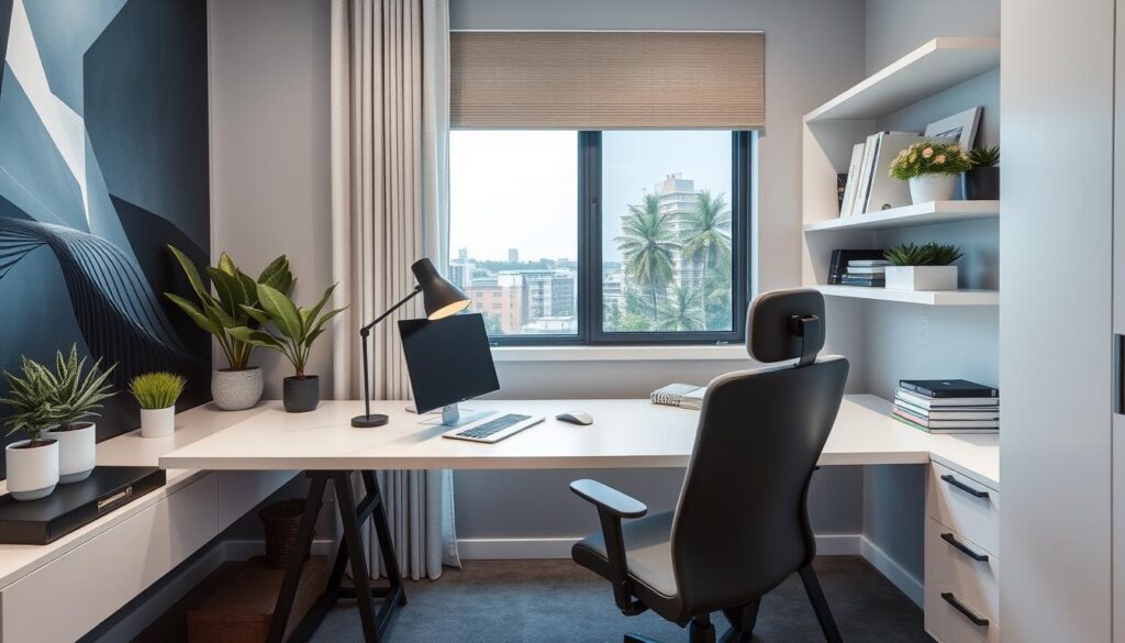 Create a modern home office with a sleek desk and ergonomic chair