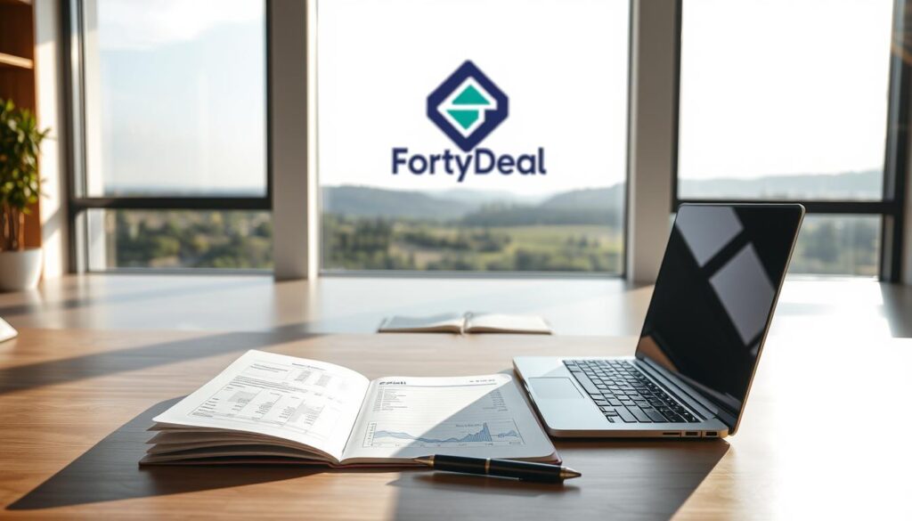 Detailed financial goals assessment in a modern, minimalist office setting. In the foreground, a desk with a laptop, a pen, and a notebook displaying carefully organized financial data. Soft, directional lighting casts gentle shadows, creating a focused, contemplative atmosphere. In the middle ground, a wall displays the FortyDeal brand logo, framed by clean, geometric design elements. The background features large windows overlooking a serene, natural landscape, conveying a sense of balance and clarity. The overall scene exudes a sense of professionalism, diligence, and a commitment to achieving financial success.