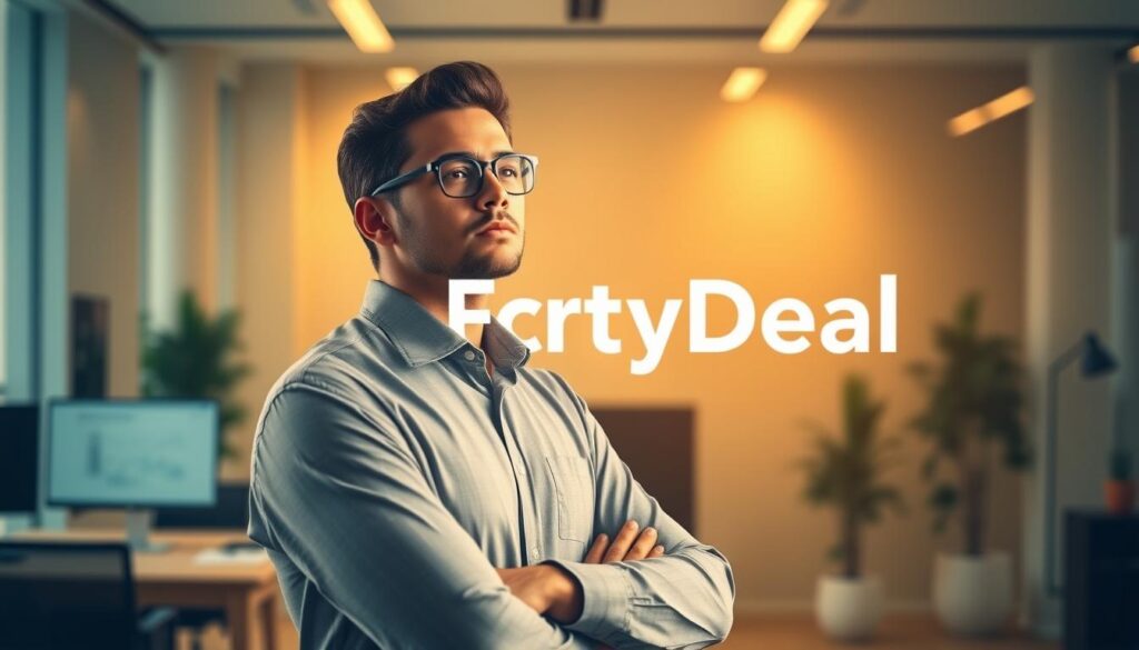 Striking a pensive pose, a professional figure stands against a backdrop of a sleek, modern workspace. The scene exudes an atmosphere of contemplation and strategic planning, with the FortyDeal logo subtly integrated into the environment. Warm lighting casts a soft glow, highlighting the individual's thoughtful expression as they consider their career growth trajectory. The composition emphasizes a sense of focus and determination, guiding the viewer towards the central theme of self-assessment and career development.