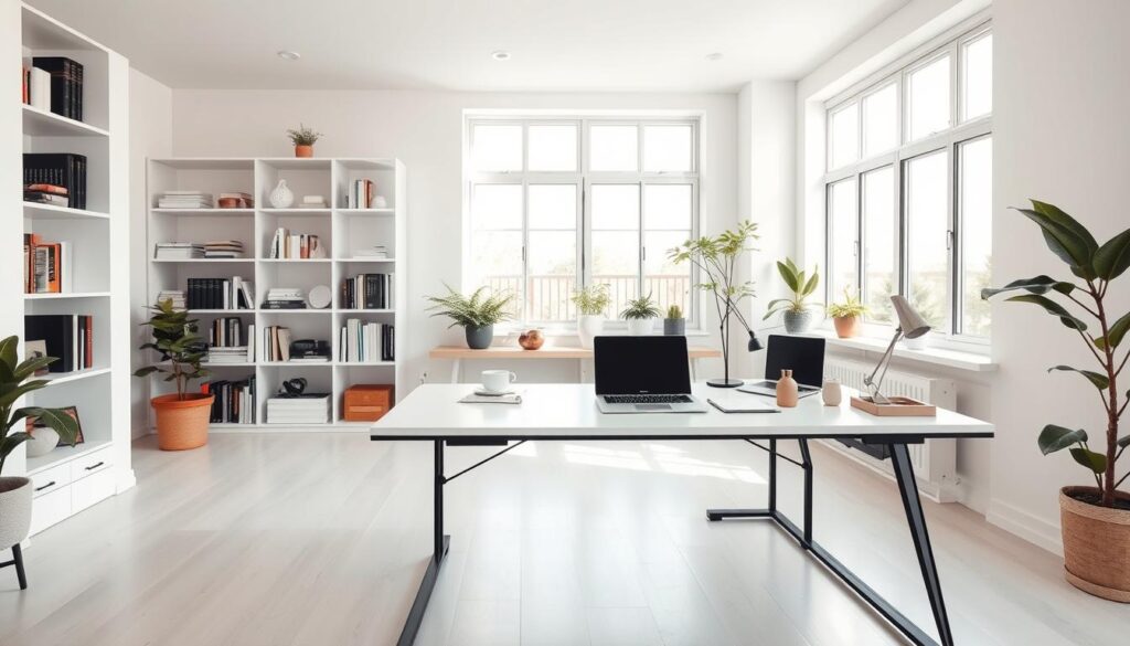 A bright, airy home office with clean lines and modern minimalist decor. In the foreground, a sleek, L-shaped desk with a white tabletop and black metal frame. Atop the desk, a high-end laptop, a stylish desk lamp, and a few tasteful accessories. Bookshelves line the middle ground, filled with a curated collection of books and decorative objects. Large windows in the background flood the space with natural light, casting a warm, inviting glow. Carefully placed plants and a subtle, neutral color palette create a serene, productive atmosphere.