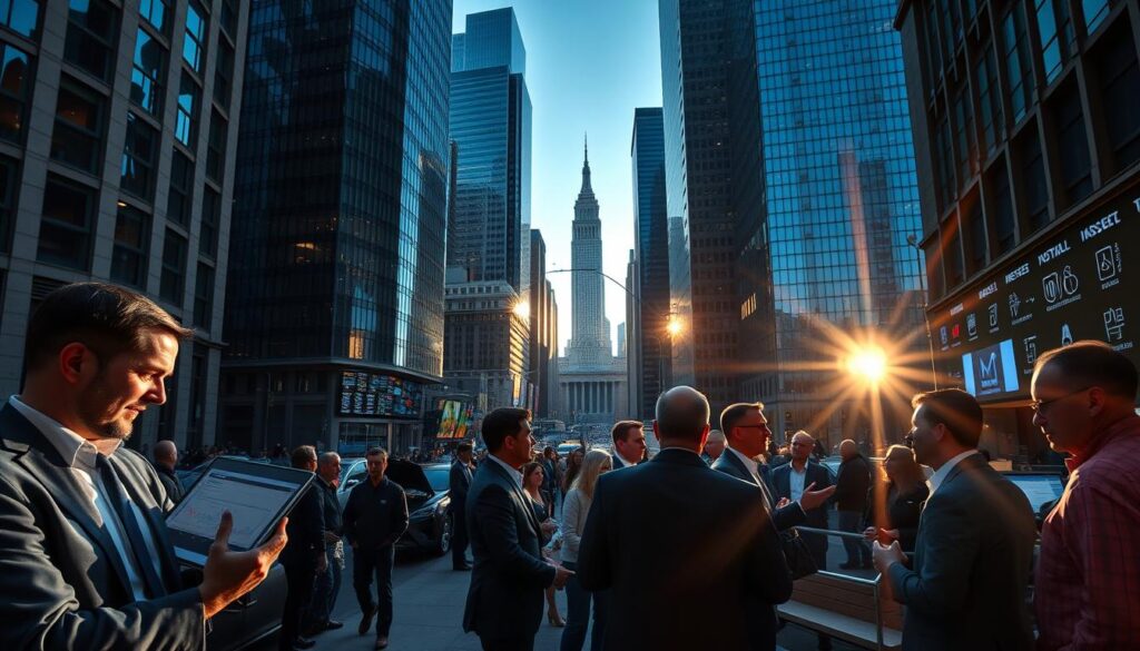 A bustling financial district, towering skyscrapers casting long shadows across the streets below. In the foreground, a diverse array of stock market participants - from a well-dressed, confident broker analyzing stock charts on a tablet, to a casual investor intently watching the ticker on a large display. In the middle ground, a group of traders engaged in lively discussion, gesturing animatedly as they discuss the latest market trends. In the background, a panoramic view of the city skyline, the sun's rays glinting off the glass facades of the stock exchange and brokerage firms. The scene conveys a sense of energy, dynamism, and the high-stakes world of financial markets. A bustling financial district, towering skyscrapers casting long shadows across the streets below. In the foreground, a diverse array of stock market participants - from a well-dressed, confident broker analyzing stock charts on a tablet, to a casual investor intently watching the ticker on a large display. In the middle ground, a group of traders engaged in lively discussion, gesturing animatedly as they discuss the latest market trends. In the background, a panoramic view of the city skyline, the sun's rays glinting off the glass facades of the stock exchange and brokerage firms. The scene conveys a sense of energy, dynamism, and the high-stakes world of financial markets.