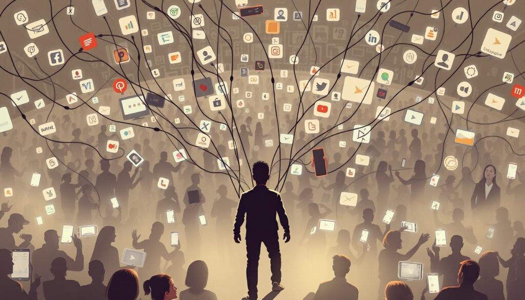 A bustling social media landscape, with influencers navigating the complexities of authenticity, audience engagement, and the ever-evolving digital landscape. In the foreground, a figure represents an influencer, caught in a web of metrics, algorithms, and the pressure to constantly create. The middle ground showcases the diverse audiences they seek to captivate, each with unique preferences and expectations. In the background, a maze of platforms, analytics, and promotional strategies, hinting at the challenges of effectively reaching and engaging the right target market. Soft, muted tones create a sense of tension and introspection, while strategic lighting casts shadows that symbolize the obstacles influencers must overcome. The overall composition conveys the delicate balance of maintaining a strong online presence and the multifaceted challenges inherent in influencer marketing.