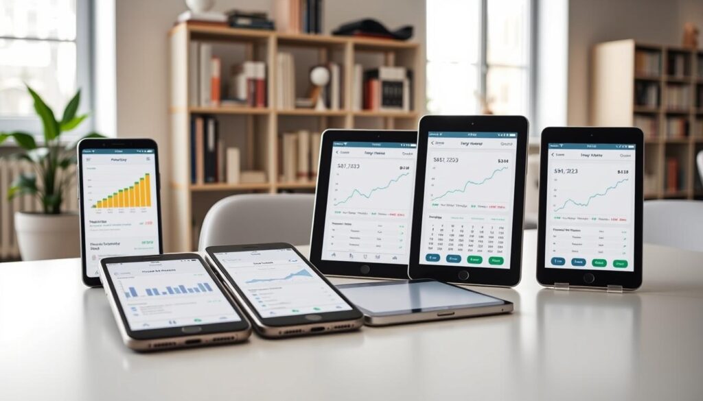A clean, modern office setting with natural lighting filtering through large windows. On a desk, several beginner-friendly investment apps are displayed on smartphones and tablets, each with a minimalist, user-friendly interface. The apps showcase simple graphs, charts, and investment tools that are easy to navigate. In the background, a bookshelf filled with finance-related literature adds an educational touch. The overall atmosphere conveys a sense of approachability and simplicity, encouraging novice investors to confidently explore the world of investing.