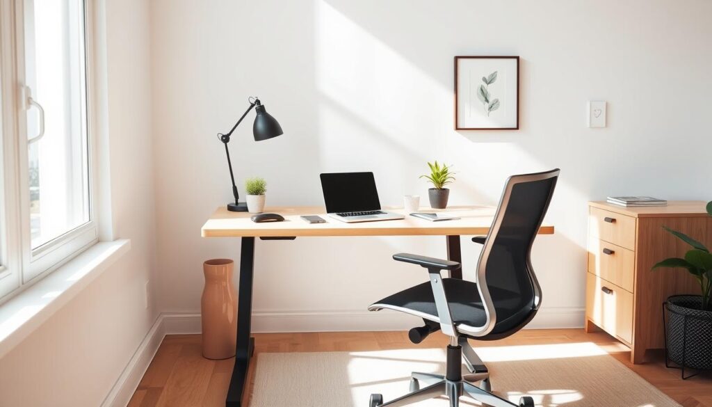 A cozy and ergonomic home office set in a sun-drenched, minimalist room. The desk is a sleek, light-colored wooden surface with a modern, adjustable chair positioned in front of it. On the desk, a laptop, a potted plant, and a few essential stationery items are neatly arranged. The room is illuminated by a large window, allowing natural light to pour in and create a warm, productive atmosphere. Soft, neutral-toned walls and subtle decor elements, such as a framed artwork or a small shelving unit, complete the serene and inspiring workspace.