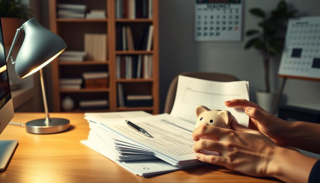 A cozy home office scene, bathed in warm, soft lighting. On the desk, a stack of neatly organized financial documents and a piggy bank, symbolizing a thoughtful savings plan. In the foreground, a pair of hands carefully reviewing the documents, conveying a sense of diligence and accountability. The background features a bookshelf filled with financial planning resources, and a calendar on the wall, highlighting the passage of time and the consistent effort required for successful savings. The overall atmosphere is one of focus, discipline, and a commitment to building long-term financial security. A cozy home office scene, bathed in warm, soft lighting. On the desk, a stack of neatly organized financial documents and a piggy bank, symbolizing a thoughtful savings plan. In the foreground, a pair of hands carefully reviewing the documents, conveying a sense of diligence and accountability. The background features a bookshelf filled with financial planning resources, and a calendar on the wall, highlighting the passage of time and the consistent effort required for successful savings. The overall atmosphere is one of focus, discipline, and a commitment to building long-term financial security.