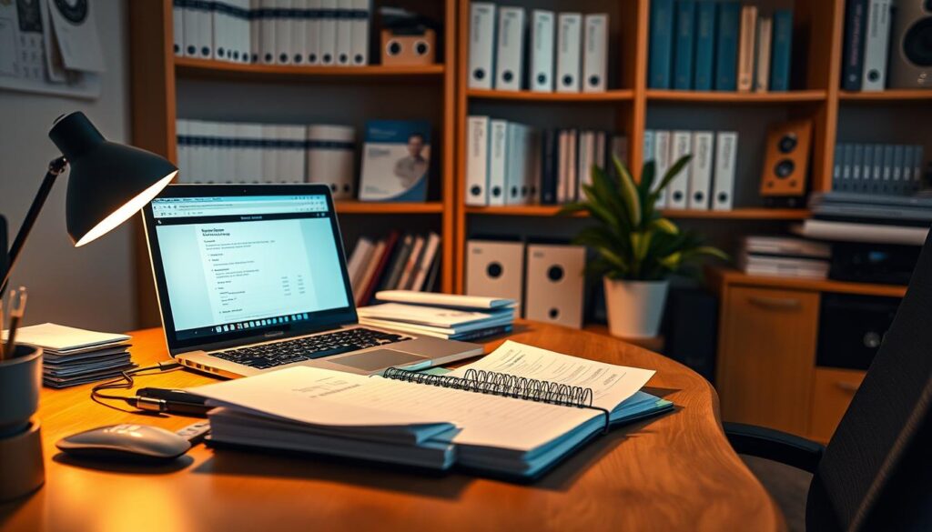A cozy home office scene with a freelance accountant's desk featuring a laptop, ledger, and stack of receipts. Soft, warm lighting casts a gentle glow, creating a productive yet inviting atmosphere. In the background, shelves filled with accounting software manuals and reference materials. The overall impression is of a well-organized, professional workspace designed to streamline the freelance accounting process.