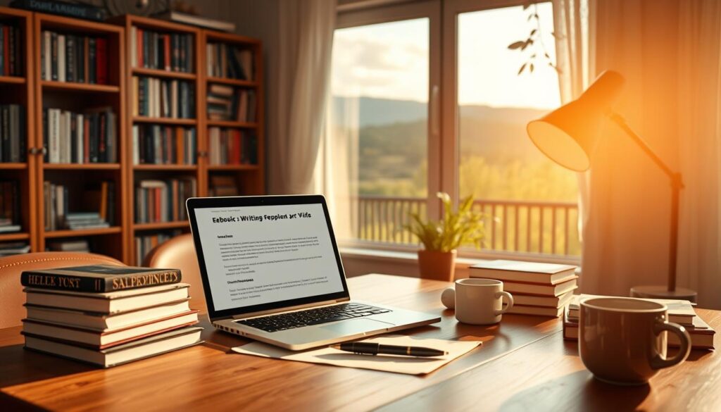 A cozy home office with a warm, focused lighting setup. On the desk, a laptop displaying an ebook writing software, surrounded by stacks of books, a pen, and a cup of coffee. In the background, a bookshelf filled with ebooks and a window overlooking a peaceful, natural landscape. The overall scene conveys a sense of productivity, creativity, and passive income potential. A cozy home office with a warm, focused lighting setup. On the desk, a laptop displaying an ebook writing software, surrounded by stacks of books, a pen, and a cup of coffee. In the background, a bookshelf filled with ebooks and a window overlooking a peaceful, natural landscape. The overall scene conveys a sense of productivity, creativity, and passive income potential.