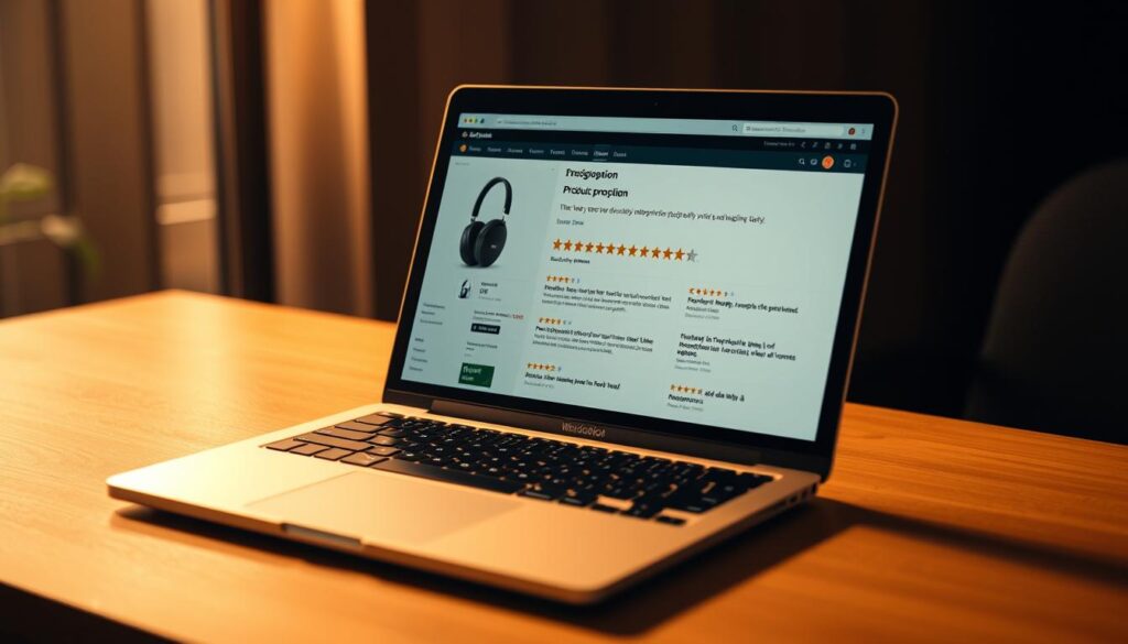 A crisp, well-organized product listing on a laptop screen, showcasing a high-quality product photograph, compelling product description, and a visually striking array of customer reviews. The scene is bathed in warm, directional lighting, creating depth and drawing the viewer's attention to the key elements. The layout is clean and uncluttered, reflecting the focus on optimizing the presentation for maximum impact. The overall mood is one of professionalism, attention to detail, and a dedication to providing an exceptional customer experience.