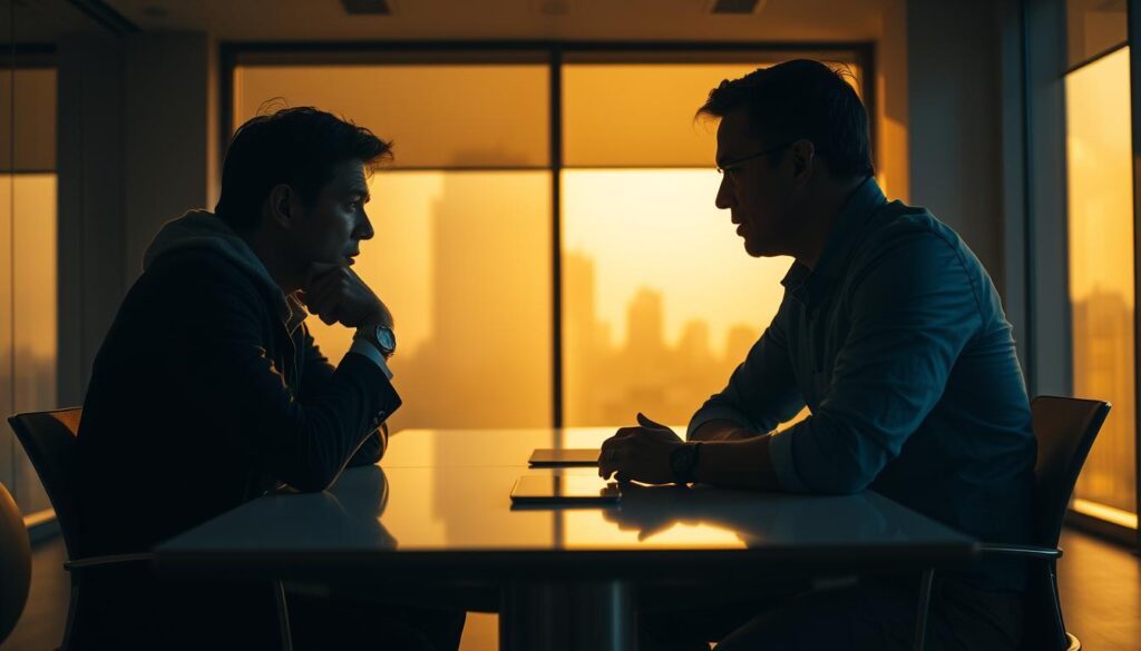 A dimly lit conference room, illuminated by warm, golden light cascading through large windows. In the foreground, two individuals engage in a tense, yet thoughtful discussion, their body language conveying both unease and determination. The middle ground features a sleek, modern table, a visual metaphor for the bridge between divergent perspectives. In the background, a subtle, blurred cityscape hints at the broader context and the importance of effective communication in navigating complex personal and professional landscapes. A dimly lit conference room, illuminated by warm, golden light cascading through large windows. In the foreground, two individuals engage in a tense, yet thoughtful discussion, their body language conveying both unease and determination. The middle ground features a sleek, modern table, a visual metaphor for the bridge between divergent perspectives. In the background, a subtle, blurred cityscape hints at the broader context and the importance of effective communication in navigating complex personal and professional landscapes.