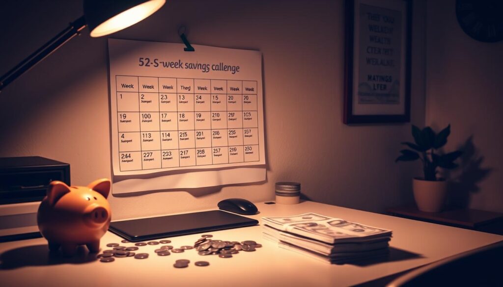 A dimly lit, cozy home office. On the desk, a piggy bank, scattered coins, and a stack of bills are arranged neatly. A meticulously marked calendar on the wall showcases the 52-week savings challenge, with each week's savings goal highlighted. Soft, warm lighting casts a gentle glow, creating a sense of focus and determination. The room exudes a calm, organized atmosphere, reflecting the systematic approach to building wealth step-by-step. A framed motivational quote on the wall provides inspiration, while a potted plant adds a touch of life to the scene. A dimly lit, cozy home office. On the desk, a piggy bank, scattered coins, and a stack of bills are arranged neatly. A meticulously marked calendar on the wall showcases the 52-week savings challenge, with each week's savings goal highlighted. Soft, warm lighting casts a gentle glow, creating a sense of focus and determination. The room exudes a calm, organized atmosphere, reflecting the systematic approach to building wealth step-by-step. A framed motivational quote on the wall provides inspiration, while a potted plant adds a touch of life to the scene.