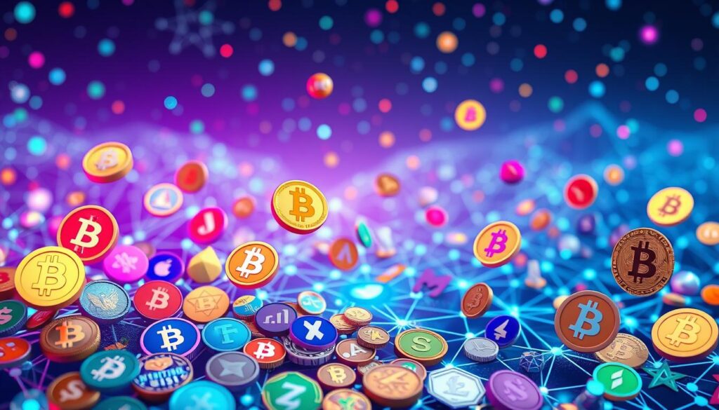 A diverse array of cryptocurrencies, each with its own distinct design and functionality, float against a backdrop of a futuristic digital landscape. The foreground features a vivid mosaic of various cryptocurrency symbols and icons, meticulously rendered in a crisp, clean style with a sense of depth and dimensionality. The middle ground showcases a network of interconnected blockchain nodes, pulsing with dynamic energy. In the background, a kaleidoscope of digital patterns and geometric shapes creates a visually captivating and technologically advanced atmosphere, evoking the decentralized, innovative nature of the cryptocurrency ecosystem. Soft, directional lighting highlights the intricate details, while a sense of depth and perspective draws the viewer into the immersive digital realm. A diverse array of cryptocurrencies, each with its own distinct design and functionality, float against a backdrop of a futuristic digital landscape. The foreground features a vivid mosaic of various cryptocurrency symbols and icons, meticulously rendered in a crisp, clean style with a sense of depth and dimensionality. The middle ground showcases a network of interconnected blockchain nodes, pulsing with dynamic energy. In the background, a kaleidoscope of digital patterns and geometric shapes creates a visually captivating and technologically advanced atmosphere, evoking the decentralized, innovative nature of the cryptocurrency ecosystem. Soft, directional lighting highlights the intricate details, while a sense of depth and perspective draws the viewer into the immersive digital realm.