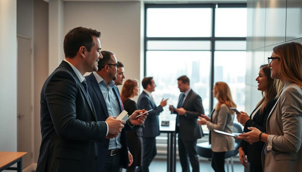A dynamic group of professionals gathered in a well-lit, modern office space, engaged in lively discussions and exchanging business cards. In the foreground, two smartly dressed individuals shake hands, their expressions conveying confidence and enthusiasm. In the middle ground, several people are clustered around a central table, gesturing animatedly as they discuss potential collaborations. The background features a large window overlooking a bustling city skyline, adding a sense of energy and connection to the scene. Soft, directional lighting casts a warm, professional glow, while the sleek, minimalist decor lends an air of sophistication to the networking event. A dynamic group of professionals gathered in a well-lit, modern office space, engaged in lively discussions and exchanging business cards. In the foreground, two smartly dressed individuals shake hands, their expressions conveying confidence and enthusiasm. In the middle ground, several people are clustered around a central table, gesturing animatedly as they discuss potential collaborations. The background features a large window overlooking a bustling city skyline, adding a sense of energy and connection to the scene. Soft, directional lighting casts a warm, professional glow, while the sleek, minimalist decor lends an air of sophistication to the networking event.