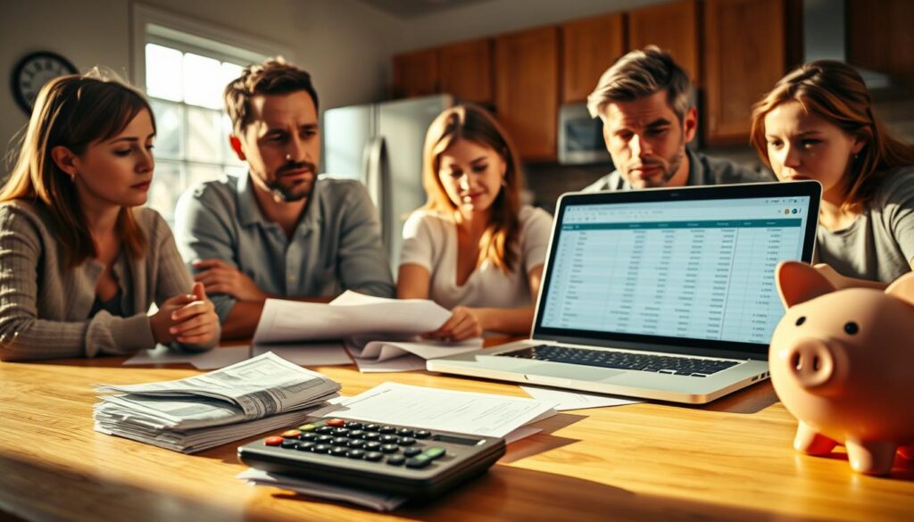A family sitting around a kitchen table, concerned expressions on their faces as they review financial documents. The lighting is soft and warm, casting shadows that suggest a pensive mood. In the foreground, a stack of bills, a calculator, and a piggy bank, symbolizing the need to save for unexpected expenses. The middle ground features a laptop displaying a budget spreadsheet, highlighting the importance of planning and organization. The background showcases a cozy, lived-in kitchen, with a refrigerator and cupboards, hinting at the daily costs of running a household. The overall scene conveys the idea of preparing for the unexpected, with a sense of responsibility and caution. A family sitting around a kitchen table, concerned expressions on their faces as they review financial documents. The lighting is soft and warm, casting shadows that suggest a pensive mood. In the foreground, a stack of bills, a calculator, and a piggy bank, symbolizing the need to save for unexpected expenses. The middle ground features a laptop displaying a budget spreadsheet, highlighting the importance of planning and organization. The background showcases a cozy, lived-in kitchen, with a refrigerator and cupboards, hinting at the daily costs of running a household. The overall scene conveys the idea of preparing for the unexpected, with a sense of responsibility and caution.