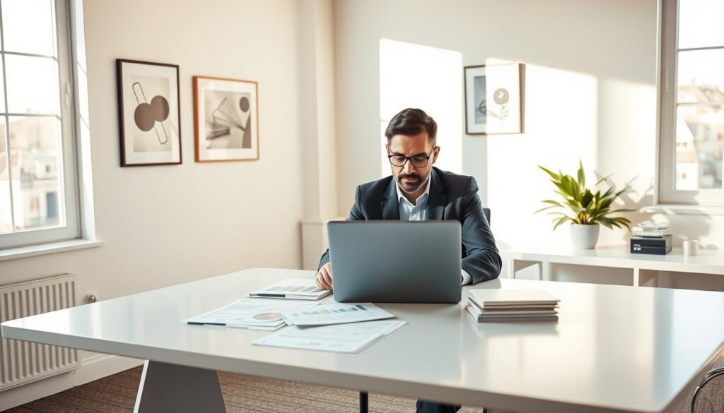 A freelance financial advisor sits at a sleek, minimalist desk, surrounded by a warm, soft-lit workspace. They are focused on a laptop, meticulously reviewing financial documents and spreadsheets. The room has clean lines, with a few modern art prints on the walls, conveying a sense of professionalism and expertise. Sunlight streams in through large windows, casting a gentle glow on the scene. The atmosphere is one of quiet concentration and attention to detail, reflecting the care and diligence required for effective client communication in financial management. A freelance financial advisor sits at a sleek, minimalist desk, surrounded by a warm, soft-lit workspace. They are focused on a laptop, meticulously reviewing financial documents and spreadsheets. The room has clean lines, with a few modern art prints on the walls, conveying a sense of professionalism and expertise. Sunlight streams in through large windows, casting a gentle glow on the scene. The atmosphere is one of quiet concentration and attention to detail, reflecting the care and diligence required for effective client communication in financial management.