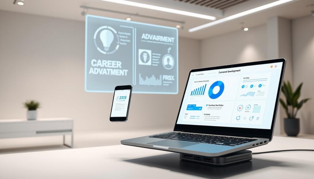 A futuristic digital workspace with a sleek, minimalist design. In the foreground, a stylized laptop and smartphone hover, displaying interactive interfaces for professional development. In the middle ground, a holographic projection showcases career advancement strategies, complete with data visualizations and infographics. The background features a clean, neutral-toned environment with subtle lighting cues, creating a sense of focus and productivity. The overall mood is one of progress, technology, and the boundless possibilities of remote career growth. A futuristic digital workspace with a sleek, minimalist design. In the foreground, a stylized laptop and smartphone hover, displaying interactive interfaces for professional development. In the middle ground, a holographic projection showcases career advancement strategies, complete with data visualizations and infographics. The background features a clean, neutral-toned environment with subtle lighting cues, creating a sense of focus and productivity. The overall mood is one of progress, technology, and the boundless possibilities of remote career growth.