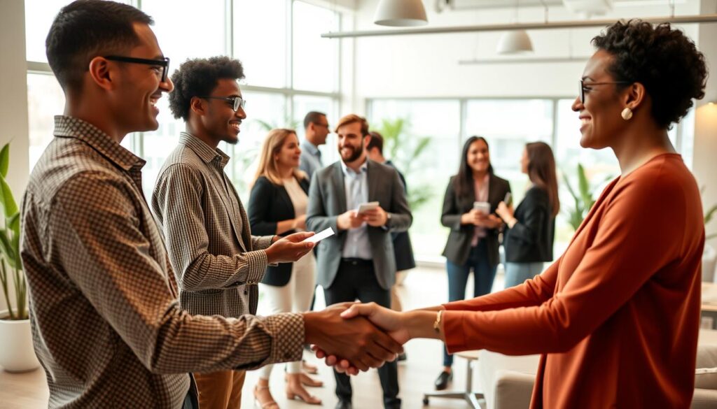 A group of diverse professionals gathered in a modern, well-lit coworking space, engaged in lively discussions and exchanging business cards. The foreground features a handshake between two individuals, symbolizing the establishment of a new connection. The middle ground showcases individuals networking, making eye contact and smiling, while the background depicts a sleek, minimalist office environment with large windows, potted plants, and contemporary furniture. The lighting is soft and diffused, creating a professional yet approachable atmosphere. The scene conveys a sense of collaboration, opportunity, and the power of building strategic online connections to advance one's career. A group of diverse professionals gathered in a modern, well-lit coworking space, engaged in lively discussions and exchanging business cards. The foreground features a handshake between two individuals, symbolizing the establishment of a new connection. The middle ground showcases individuals networking, making eye contact and smiling, while the background depicts a sleek, minimalist office environment with large windows, potted plants, and contemporary furniture. The lighting is soft and diffused, creating a professional yet approachable atmosphere. The scene conveys a sense of collaboration, opportunity, and the power of building strategic online connections to advance one's career.