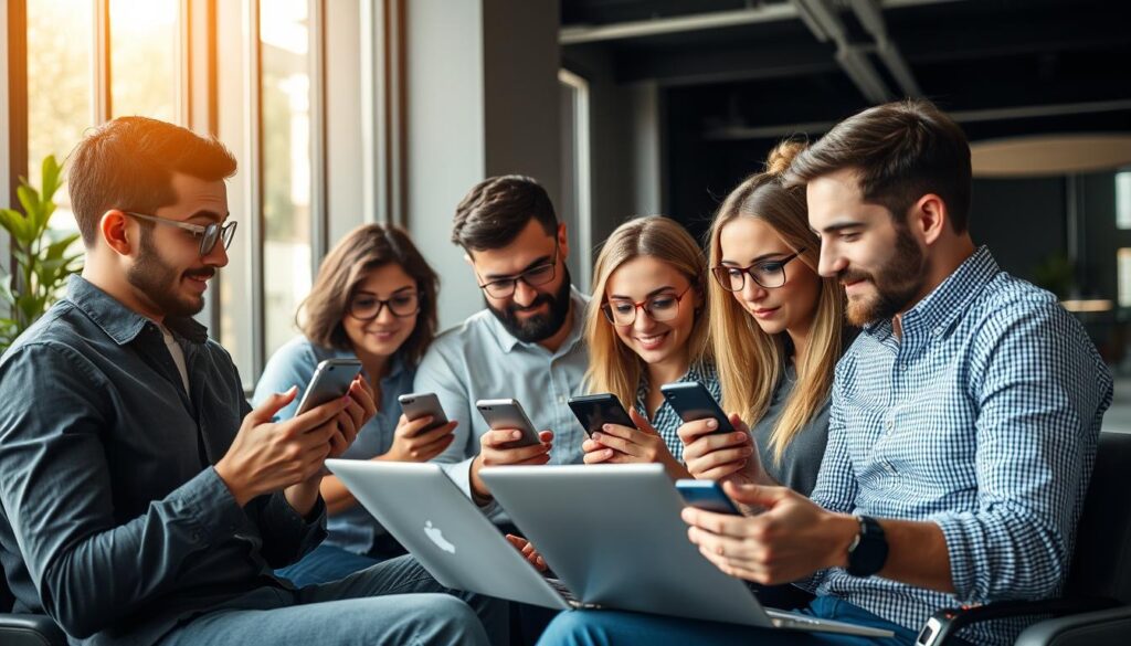 A group of remote workers intently scrolling through their LinkedIn feeds, networking with industry peers against a backdrop of sleek office decor. Natural lighting filters through large windows, casting a warm glow on their focused expressions. Smartphones and laptops are poised, ready to send connection requests and messages as they strategically expand their professional network. The scene conveys a sense of purposeful, tech-savvy collaboration as these remote professionals leverage LinkedIn to advance their careers. A group of remote workers intently scrolling through their LinkedIn feeds, networking with industry peers against a backdrop of sleek office decor. Natural lighting filters through large windows, casting a warm glow on their focused expressions. Smartphones and laptops are poised, ready to send connection requests and messages as they strategically expand their professional network. The scene conveys a sense of purposeful, tech-savvy collaboration as these remote professionals leverage LinkedIn to advance their careers.