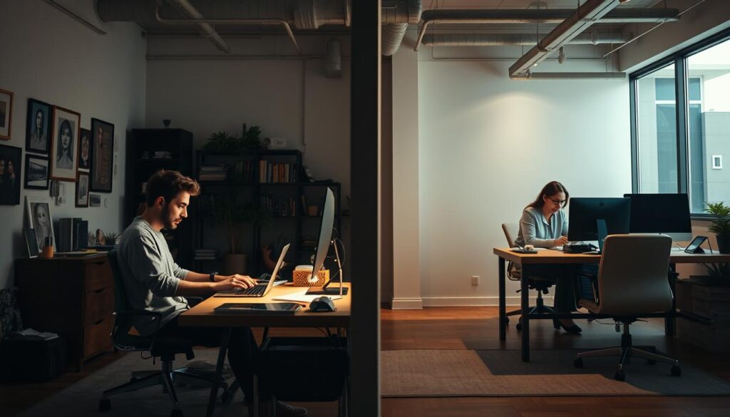 A high-contrast, cinematic scene depicting the contrast between freelance and remote work. In the foreground, a freelancer working independently at a desk, surrounded by personal effects and a cozy, eclectic decor. In the middle ground, a remote worker collaborating with teammates on a laptop in a minimalist, corporate-style office. In the background, a metaphorical divide, with differing architectural styles and lighting, representing the distinct work environments. The freelancer's space is warm and inviting, while the remote office is stark and impersonal. The lighting is dramatic, creating a sense of tension and comparison between the two work modes. The composition emphasizes the fundamental differences in autonomy, flexibility, and work-life balance between freelance and remote employment. A high-contrast, cinematic scene depicting the contrast between freelance and remote work. In the foreground, a freelancer working independently at a desk, surrounded by personal effects and a cozy, eclectic decor. In the middle ground, a remote worker collaborating with teammates on a laptop in a minimalist, corporate-style office. In the background, a metaphorical divide, with differing architectural styles and lighting, representing the distinct work environments. The freelancer's space is warm and inviting, while the remote office is stark and impersonal. The lighting is dramatic, creating a sense of tension and comparison between the two work modes. The composition emphasizes the fundamental differences in autonomy, flexibility, and work-life balance between freelance and remote employment.