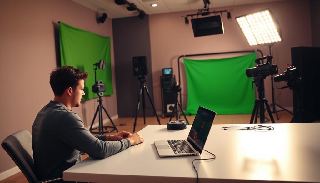 A live streaming studio with a cozy, modern aesthetic. In the foreground, a content creator sits at a sleek desk, their eyes focused on a laptop screen as they plan their next live broadcast. Behind them, a green screen setup stands ready, and a professional lighting rig casts a warm glow across the scene. In the middle ground, various media production equipment, including a high-quality camera, microphone, and audio mixer, are neatly arranged, hinting at the technical expertise required for effective live streaming. The background features a minimalist, neutral-toned wall, allowing the content planning process to take center stage. The overall atmosphere conveys a sense of focus, creativity, and the intersection of technology and content creation.