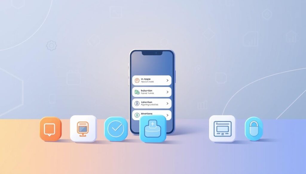 A modern, minimalist illustration depicting various monetization solutions for a mobile app or website. In the foreground, there are several stylized icons representing different monetization methods such as in-app purchases, subscription models, and advertising. In the middle ground, a sleek smartphone or tablet device displays a user interface with these monetization options. The background features a soft, gradient-based color scheme with subtle geometric patterns, conveying a sense of digital technology and financial opportunities. The overall mood is professional, approachable, and geared towards a beginner-friendly audience seeking to monetize their online presence. A modern, minimalist illustration depicting various monetization solutions for a mobile app or website. In the foreground, there are several stylized icons representing different monetization methods such as in-app purchases, subscription models, and advertising. In the middle ground, a sleek smartphone or tablet device displays a user interface with these monetization options. The background features a soft, gradient-based color scheme with subtle geometric patterns, conveying a sense of digital technology and financial opportunities. The overall mood is professional, approachable, and geared towards a beginner-friendly audience seeking to monetize their online presence.