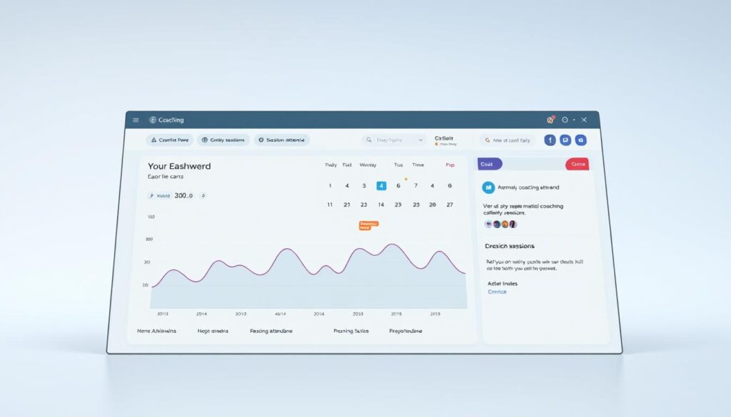 A modern, minimalist web-based dashboard displaying an individual's coaching progress over time. In the foreground, a line graph tracks key metrics like goal achievement, skills development, and session attendance, visualized through clean data visualizations. The middle ground features a calendar view highlighting upcoming coaching sessions and milestones. In the background, a subtle gradient or texture evokes a sense of professionalism and digital sophistication. The lighting is soft and even, creating a calm, focused atmosphere. The camera angle is slightly elevated, giving an overview of the dashboard's intuitive layout and user-friendly interface.