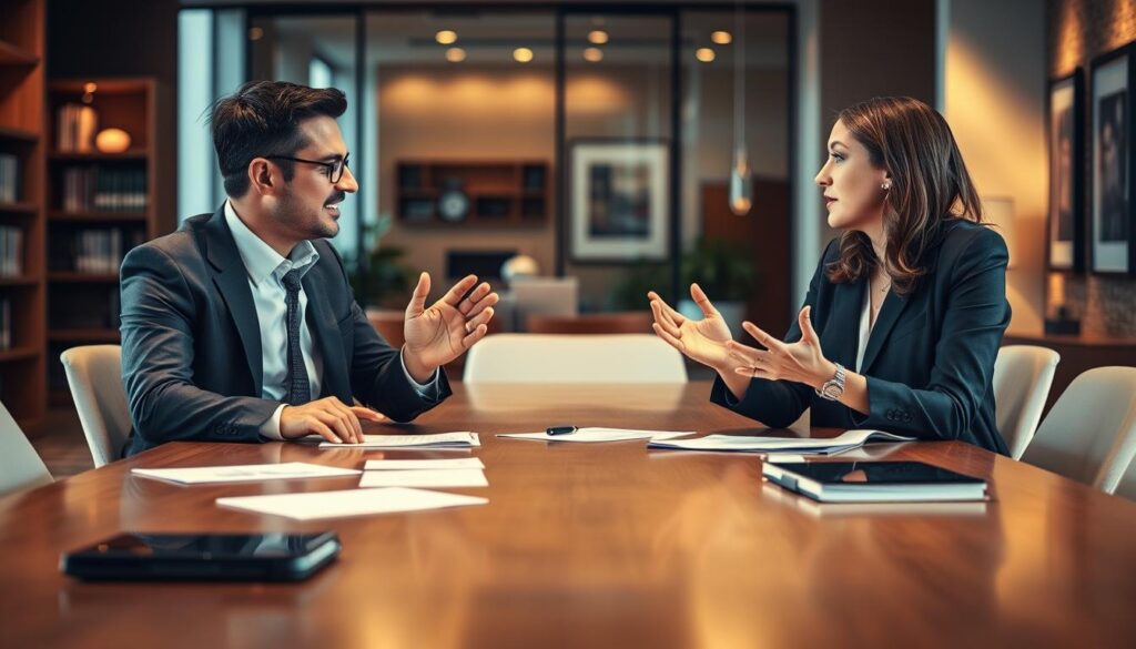 A modern office interior with a large conference table. Two business professionals in formal attire, one man and one woman, are engaged in an intense discussion, gesturing animatedly. On the table are scattered papers, a laptop, and a pen. The lighting is warm and professional, creating an atmosphere of serious negotiation. The background is slightly blurred, with hints of bookcases and framed artwork on the walls, suggesting a high-end, corporate setting. The expressions on the faces of the negotiators convey a sense of collaboration and compromise as they work towards an agreement. A modern office interior with a large conference table. Two business professionals in formal attire, one man and one woman, are engaged in an intense discussion, gesturing animatedly. On the table are scattered papers, a laptop, and a pen. The lighting is warm and professional, creating an atmosphere of serious negotiation. The background is slightly blurred, with hints of bookcases and framed artwork on the walls, suggesting a high-end, corporate setting. The expressions on the faces of the negotiators convey a sense of collaboration and compromise as they work towards an agreement.