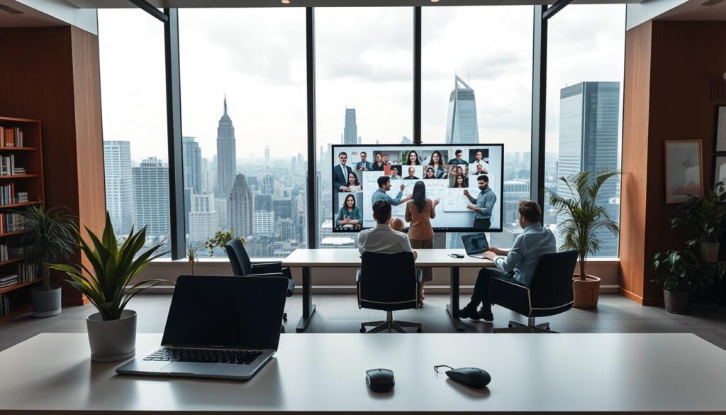 A modern office interior with a panoramic window overlooking a bustling city skyline. In the foreground, a minimalist desk setup with a laptop, wireless mouse, and a potted plant. In the middle ground, a group of remote workers collaborating on a virtual whiteboard, their faces visible on a large display screen. The background features bookshelves, abstract artwork, and a mix of natural and artificial lighting, creating a warm and productive atmosphere. The scene conveys the flexibility, connectivity, and adaptability of remote work in the 21st century. A modern office interior with a panoramic window overlooking a bustling city skyline. In the foreground, a minimalist desk setup with a laptop, wireless mouse, and a potted plant. In the middle ground, a group of remote workers collaborating on a virtual whiteboard, their faces visible on a large display screen. The background features bookshelves, abstract artwork, and a mix of natural and artificial lighting, creating a warm and productive atmosphere. The scene conveys the flexibility, connectivity, and adaptability of remote work in the 21st century.