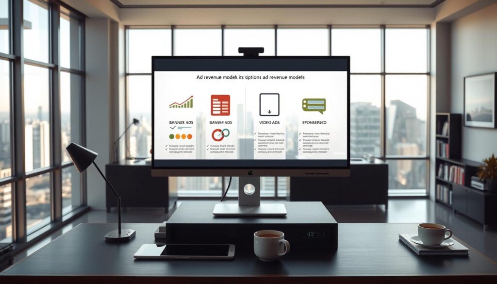 A modern, sleek office interior with a large window overlooking a bustling city skyline. In the foreground, a desktop computer displays various ad revenue models - banner ads, native ads, video ads, and sponsored content. The models are represented as minimalist, colorful infographics. The lighting is soft and natural, creating a professional, aspirational atmosphere. In the middle ground, a desk with a stylish lamp, a tablet, and a cup of coffee. In the background, bookshelves and framed art pieces adorn the walls, conveying a sense of sophistication and expertise. A modern, sleek office interior with a large window overlooking a bustling city skyline. In the foreground, a desktop computer displays various ad revenue models - banner ads, native ads, video ads, and sponsored content. The models are represented as minimalist, colorful infographics. The lighting is soft and natural, creating a professional, aspirational atmosphere. In the middle ground, a desk with a stylish lamp, a tablet, and a cup of coffee. In the background, bookshelves and framed art pieces adorn the walls, conveying a sense of sophistication and expertise.