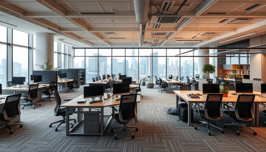 A modern, well-designed hybrid work environment. In the foreground, a spacious open office layout with ergonomic desks, chairs, and collaborative workstations. Mid-ground features a mix of private focus areas and informal meeting nooks, with soft lighting and biophilic elements. The background showcases floor-to-ceiling windows overlooking a vibrant urban skyline, creating a sense of connection to the outside world. The atmosphere is one of productivity, creativity, and work-life balance, reflecting the evolving nature of the hybrid work model. Crisp, high-resolution image captured with a wide-angle lens to convey a sense of openness and dynamism. A modern, well-designed hybrid work environment. In the foreground, a spacious open office layout with ergonomic desks, chairs, and collaborative workstations. Mid-ground features a mix of private focus areas and informal meeting nooks, with soft lighting and biophilic elements. The background showcases floor-to-ceiling windows overlooking a vibrant urban skyline, creating a sense of connection to the outside world. The atmosphere is one of productivity, creativity, and work-life balance, reflecting the evolving nature of the hybrid work model. Crisp, high-resolution image captured with a wide-angle lens to convey a sense of openness and dynamism.