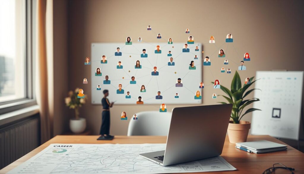 A neatly organized career map fills the foreground, detailing various professional pathways and milestones. Surrounding it, a bustling network of interconnected individuals, each represented by vibrant, stylized avatars, engaged in dynamic discussions and collaborations. The middle ground features a sleek, minimalist desk setup, complete with a laptop, stationery, and a strategically placed potted plant, evoking a professional, yet inviting atmosphere. The background showcases a softly blurred cityscape, hinting at the wider context of the professional landscape. Warm, diffused lighting bathes the scene, creating a sense of focus and clarity. The overall composition conveys the importance of strategic career planning and the power of building a robust professional network. A neatly organized career map fills the foreground, detailing various professional pathways and milestones. Surrounding it, a bustling network of interconnected individuals, each represented by vibrant, stylized avatars, engaged in dynamic discussions and collaborations. The middle ground features a sleek, minimalist desk setup, complete with a laptop, stationery, and a strategically placed potted plant, evoking a professional, yet inviting atmosphere. The background showcases a softly blurred cityscape, hinting at the wider context of the professional landscape. Warm, diffused lighting bathes the scene, creating a sense of focus and clarity. The overall composition conveys the importance of strategic career planning and the power of building a robust professional network.